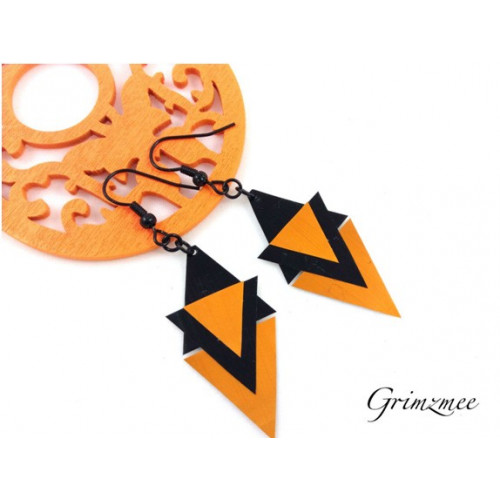 Boucles d'oreille Triangles oranges et noires en capsule de café recyclée